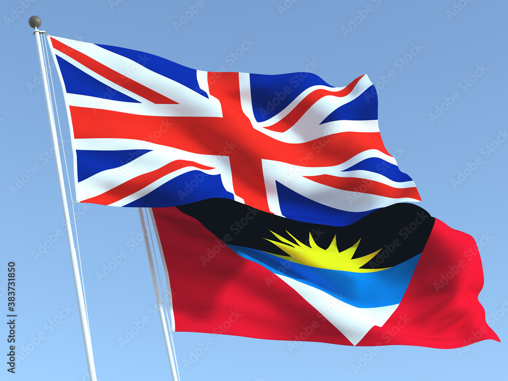 The flags of United Kingdom and Antigua and Barbuda on the blue sky. For news, reportage, business. 3d illustration The flags of United Kingdom and Antigua and Barbuda on the blue sky. For news, reportage, business. 3d illustration