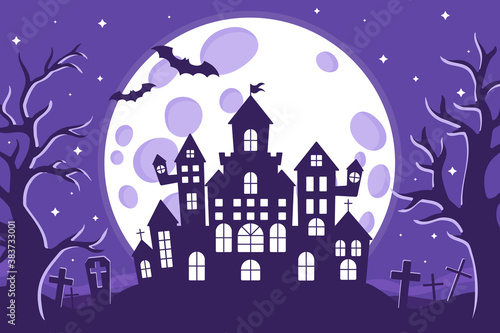 Vector cartoon illustration of Halloween haunted castle silhouette in a cemetery on a background of the full moon