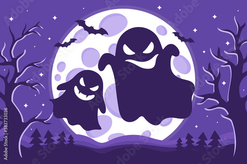 Vector cartoon illustration of Halloween ghosts silhouette with different emotions on a background of the full moon
