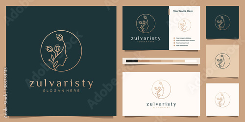Beauty woman's face flower with line art style logo design and business card