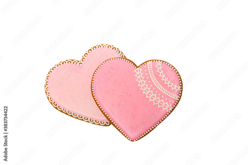 Background from pink cookies heart shaped with different patterns, isolated Background from pink cookies heart shaped with different patterns, isolated