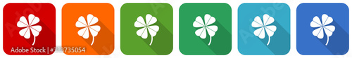 Four-leaf clover icon set, flat design vector illustration in 6 colors options for webdesign and mobile applications