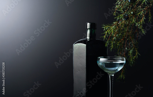 Fotografie Juniper tincture or gin on a black background.
