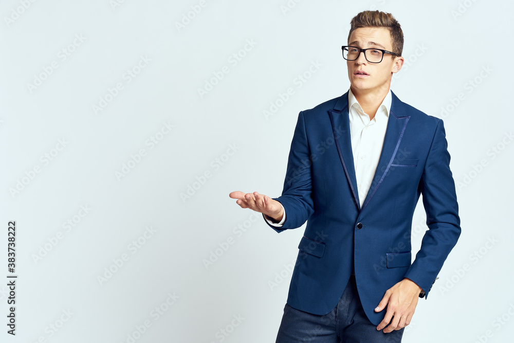 Business man wearing glasses blue suit cropped view official light ...