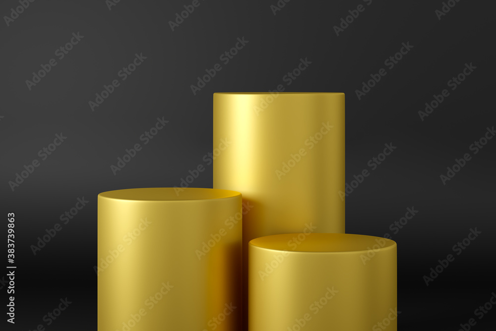 Empty stands for product presentation. Gold pedestals on a dark background. 3d rendering. Empty stands for product presentation. Gold pedestals on a dark background. 3d rendering.