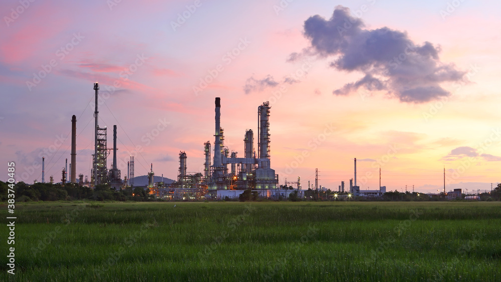 Industrial view of oil refinery factory at sunrise, In the east of Thailand