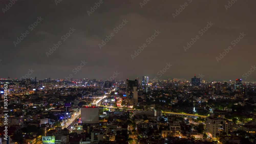 Flying Hyperlapse Over Downtown Mexico City on Cloudy Night, Aerial Pull Back Flying Hyperlapse Over Downtown Mexico City on Cloudy Night, Aerial Pull Back
