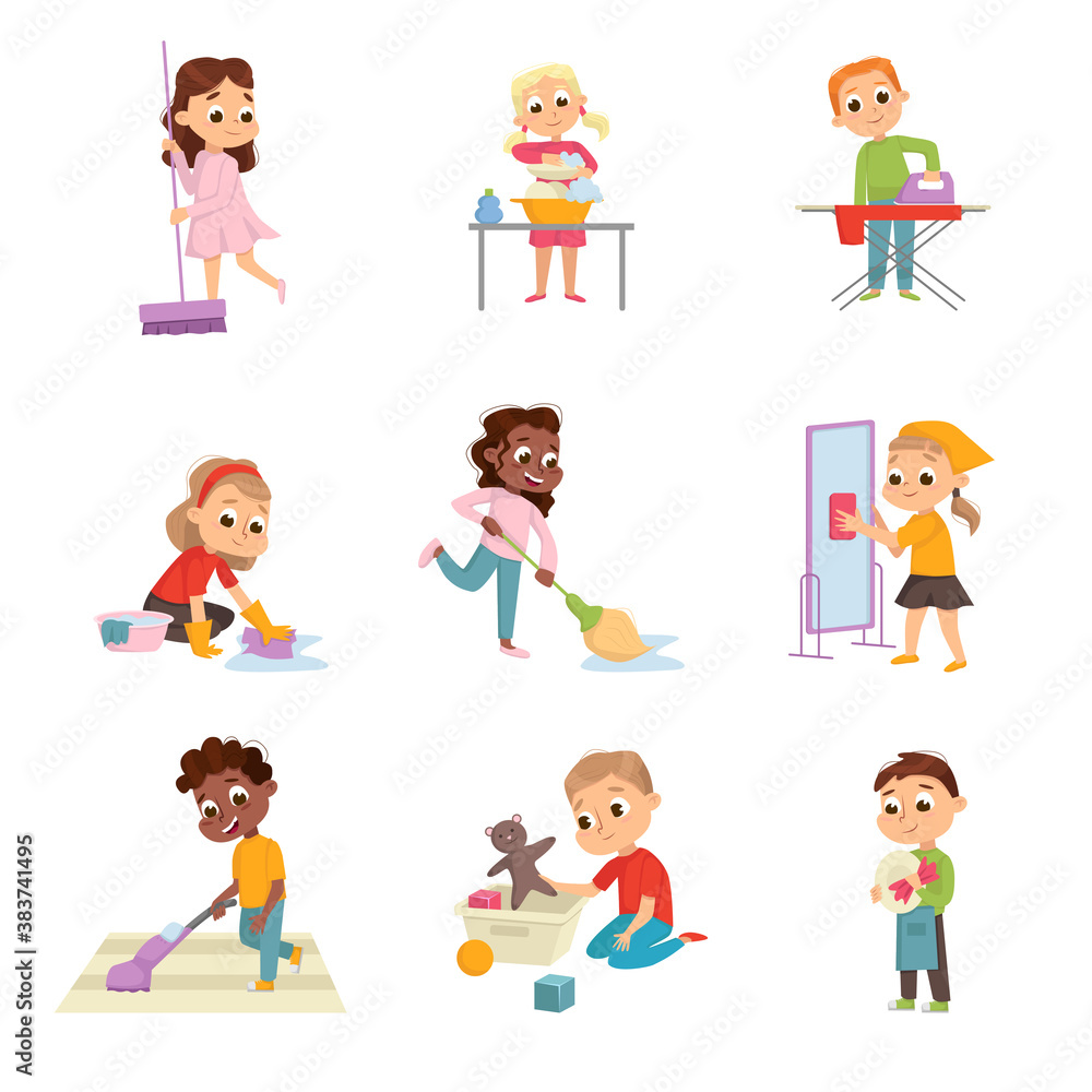 Funny Children Doing Housecleaning Mopping the Floor and Washing Dishes Vector Set