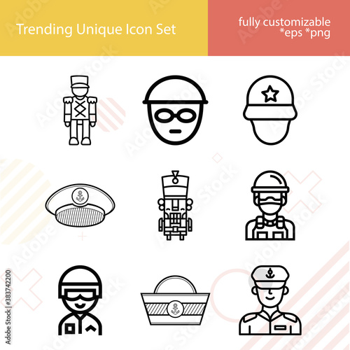 Simple set of military man related lineal icons.