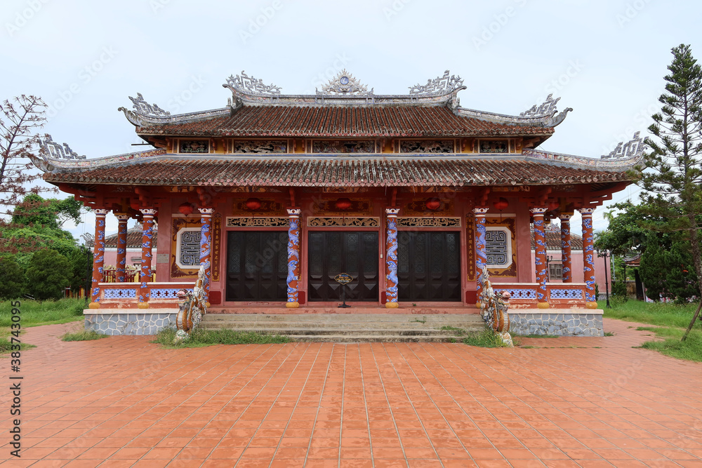 Hoi An, Vietnam, September 20, 2020: Main facade of the Van Mieu Confucius Temple. Hoi An, Vietnam