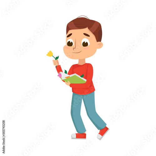 Curious Boy Holding Book with Herbarium Vector Illustration