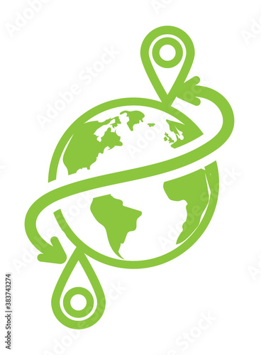 Earth planet icon. Worldwide shipment and logistic with moving geography map vector illustration. Globe sphere earth planet icon with arrow and pin pointer isolated on white background