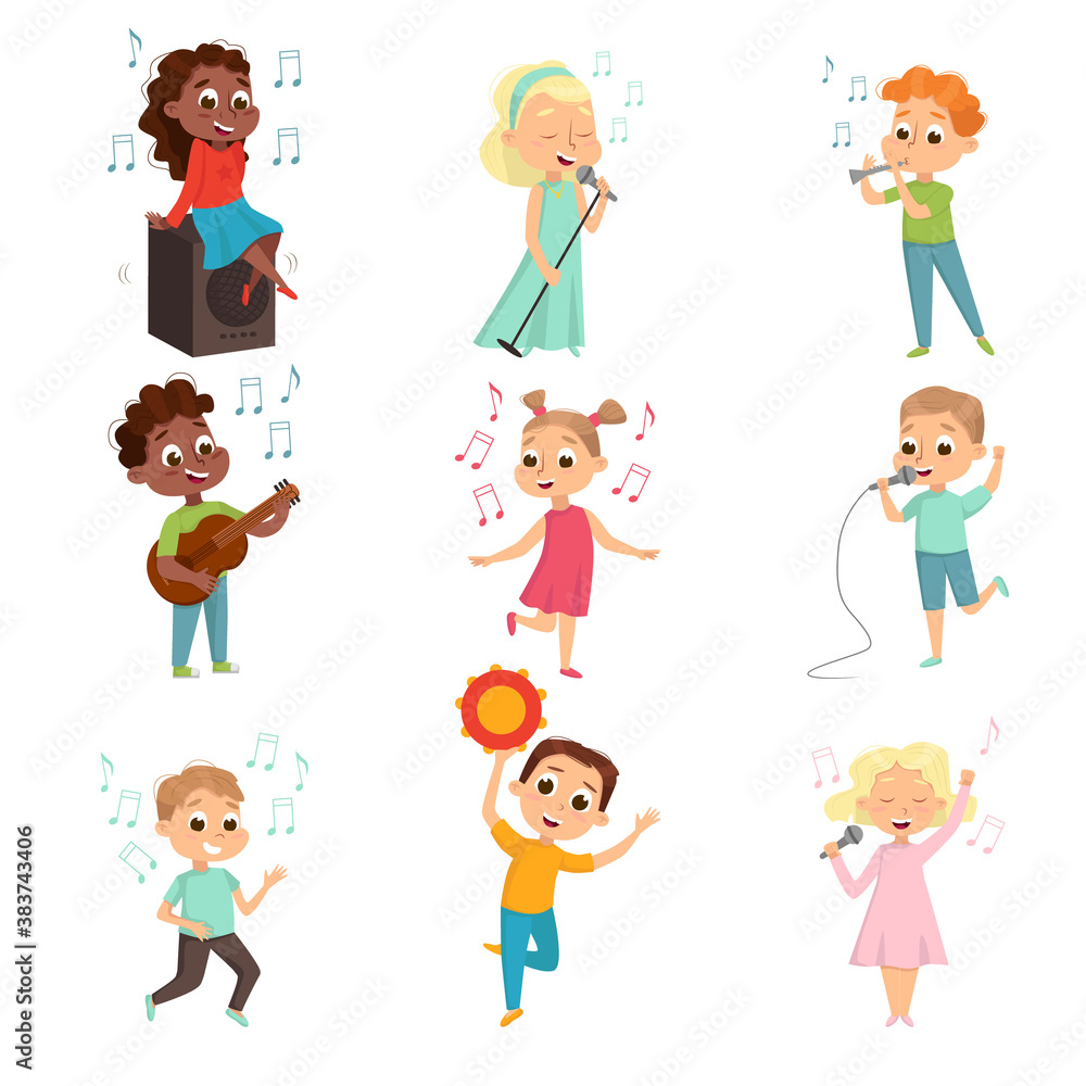 Little Boys and Girls Playing Musical Instrument and Singing Vector Set Little Boys and Girls Playing Musical Instrument and Singing Vector Set
