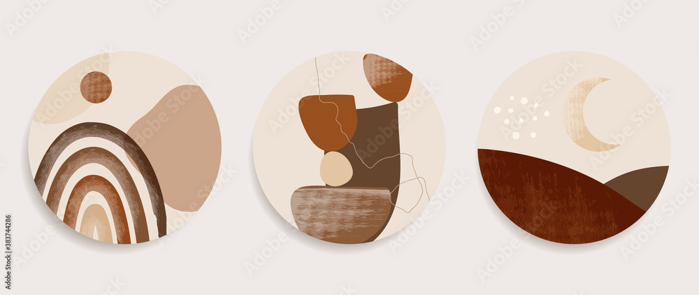 Mountain wall art vector set. Earth tones landscapes backgrounds set with moon and sun. Abstract Plant Art design for print, cover, wallpaper, Minimal and natural wall art. Vector illustration.. Mountain wall art vector set. Earth tones landscapes backgrounds set with moon and sun. Abstract Plant Art design for print, cover, wallpaper, Minimal and natural wall art. Vector illustration..