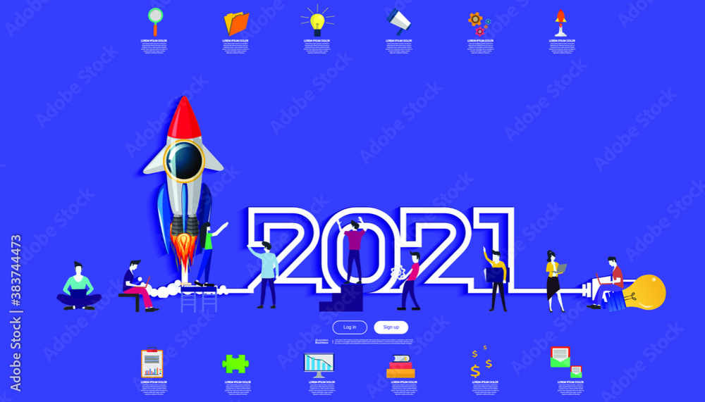 Naklejka premium Vector illustration modern design business plan brainstorm think analyze creative Rocket idea concept with marketing strategy 2021 new year Infographic template.