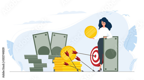 Woman and a mountain of money. The girl stands near gold coins and large dollar bills. A bundle of money. The concept of a successful business, earnings and wealth. Vector.