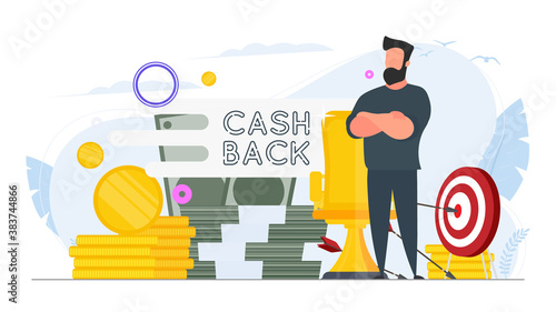 Businessman and a mountain of money. A man stands near gold coins and large dollar bills. Cashback lettering isolated on white background. Golden coins. Composition on the topic of money back.