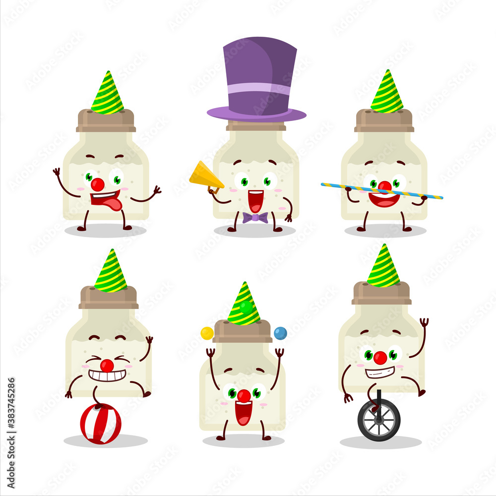 Cartoon character of white pepper bottle with various circus shows