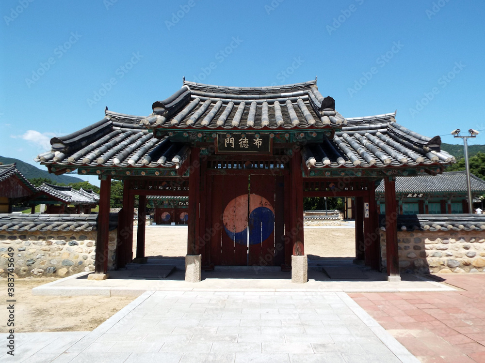 Gimhae, Busan, South Korea, September 1, 2017: Access door inside the compound of King Suro tomb. Legendary founder of the state of Geumgwan Gaya (43 - 532)