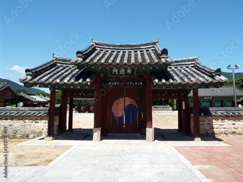 Gimhae, Busan, South Korea, September 1, 2017: Access door inside the compound of King Suro tomb. Legendary founder of the state of Geumgwan Gaya (43 - 532) photo