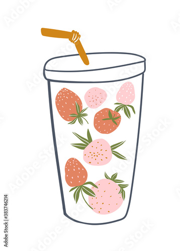 Strawberry cocktail. Vector cafe menu element design. Hand drawn illustration with berry beverage isolated on the white background.