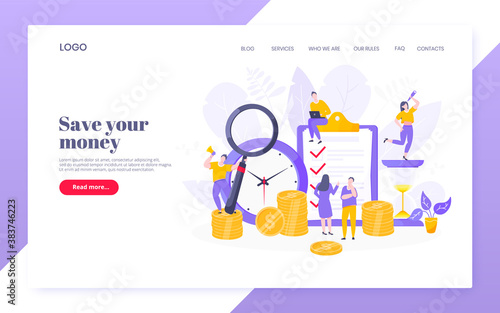 Time is money business concept of money saving. Time management, money installment with future growth. Teamwork concept flat style design vector illustration web page template.