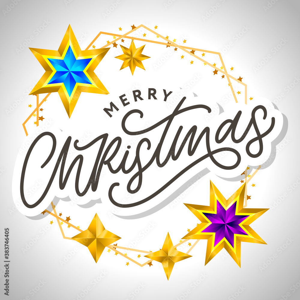 Merry Christmas card with hand drawn lettering and stars on dark background. Cute Holiday golden frame background Merry Christmas card with hand drawn lettering and stars on dark background. Cute Holiday golden frame background