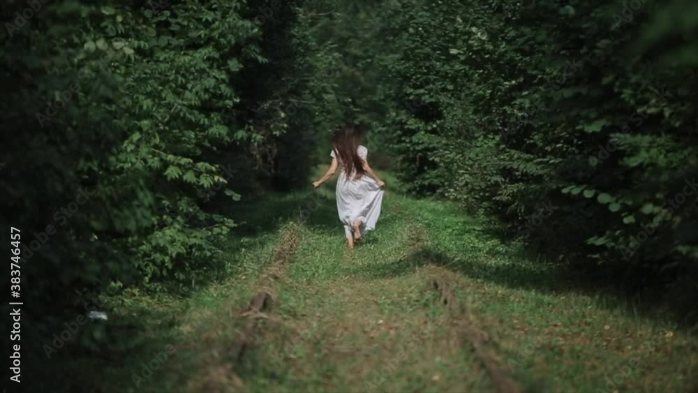 A young woman with fluttering long hair in a white dress runs barefoot along among green trees on a summer sunny day. Back view. Slow motion A young woman with fluttering long hair in a white dress runs barefoot along among green trees on a summer sunny day. Back view. Slow motion