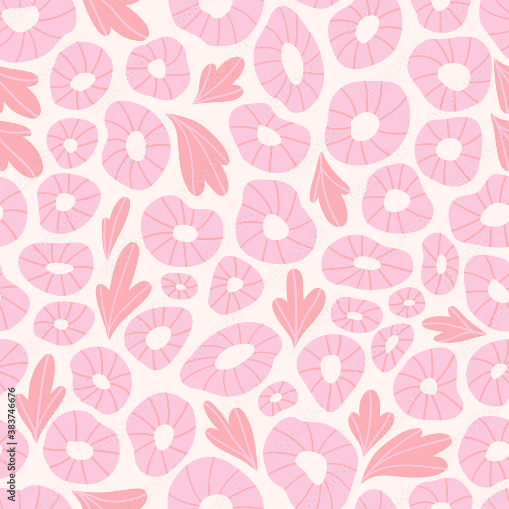 Simple flowers and leaves in pink colors. Hand drawn seamless pattern. Botanical trendy design. Vector repeating design for fabric, wallpaper or wrap papers.