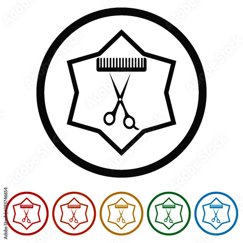 Scissors groomer comb ring icon, color set