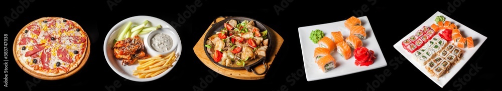 Collection of different dishes in pub isolated on black background Collection of different dishes in pub isolated on black background