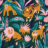 Funny wild animals in tropical thickets. Cute fabric design with tigers and lions. Exotic zoo repeat background.