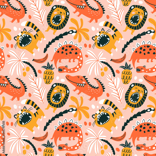 Cute wild animals and dinosaur. Seamless pattern design for kids fabrics and wallpapers. Vector zoo repeat background.