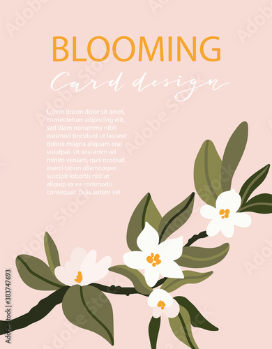 Blooming tree card design. Pink background with flowers and leaves. Spring floral template. Hand drawn botanical vector illustration with white Cherry blossom branch.