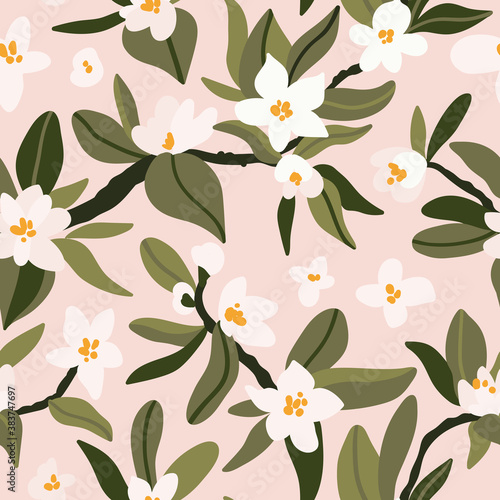 Blooming tree print design. Seamless pattern with flowers and leaves. Spring floral texture. Hand drawn botanical vector illustration with white Cherry blossom branches.