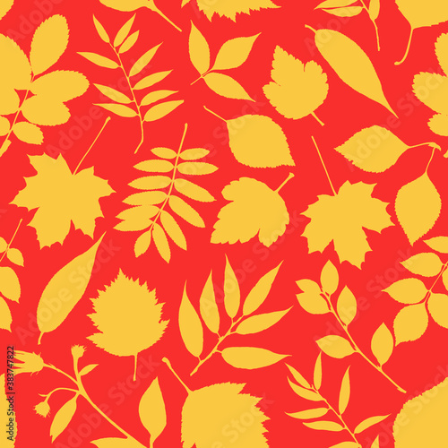 Lovely autumn leafs pattern in warm colors, seamless repeat. Trendy flat style. Great for backgrounds, cards, gift wrapping paper, home decor etc.