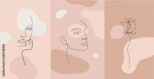 Vector minimalist style portrait. Line flower, woman portrait. Hand drawn abstract feminine print. Use for social net stories, beauty logos, poster illustration, card