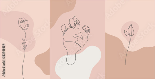 Vector minimalist style portrait. Line flower, woman portrait. Hand drawn abstract feminine print. Use for social net stories, beauty logos, poster illustration, card