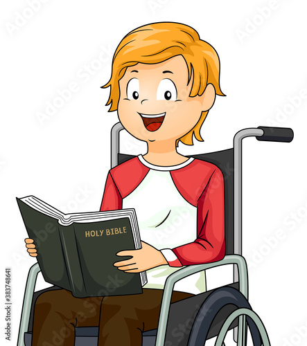 Kid Boy Wheelchair Read Bible Illustration