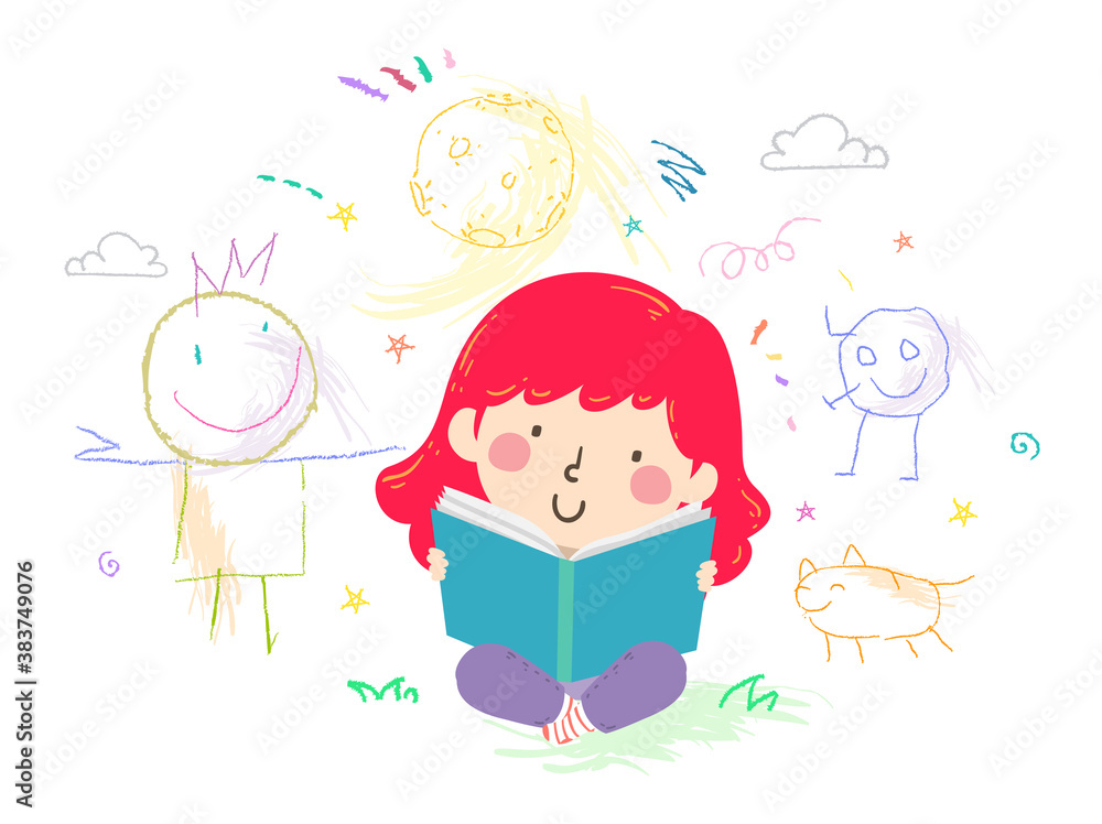 Kid Girl Read Book Imagine Scribble Doodles Kid Girl Read Book Imagine Scribble Doodles