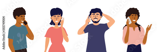 Diverse young people using smartphones. Multiethnic group of men and women making call, talking by cell phones. Characters with mobile devices in hand isolated on white background. Vector illustration