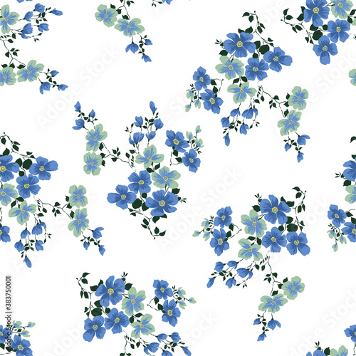 Flax bouquets. Seamless vector pattern with blue flowers. Floristic background