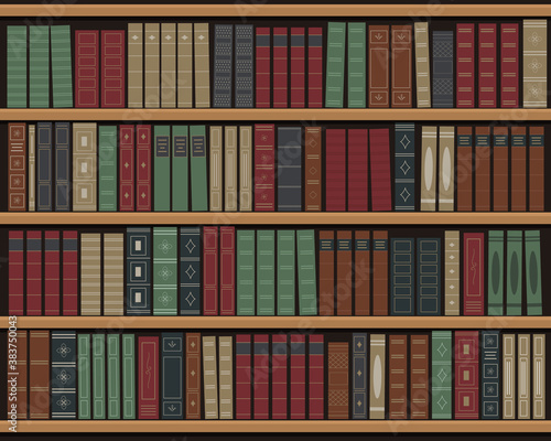 Bookshelf with books. Old books on the shelves. Library of retro books. Bookstore. Vector illustration. Flat cartoon style.