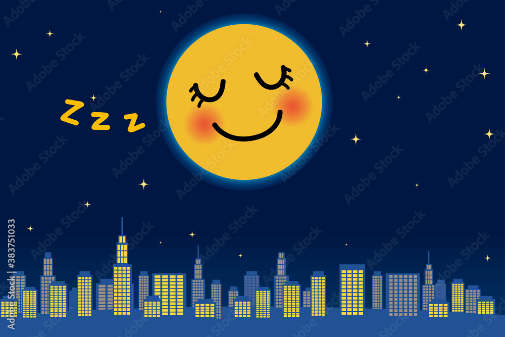 大都市の高層ビル群と夜空と擬人化した寝顔笑顔のビッグムーンキャラ満月の背景イラスト ベクター Vector De Stock Adobe Stock
