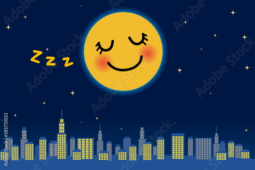 大都市の高層ビル群と夜空と擬人化した寝顔笑顔のビッグムーンキャラ満月の背景イラスト　ベクター