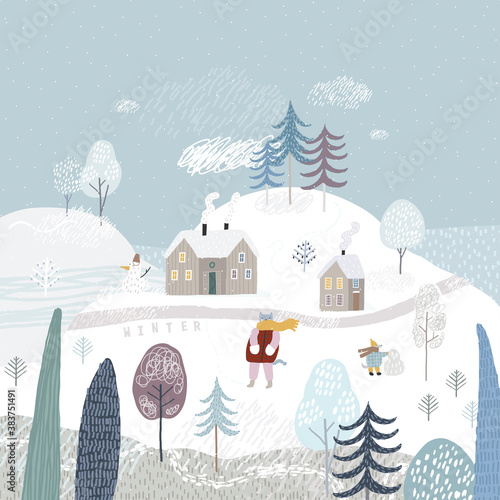 Cute winter landscape. Winter poster. Large snow-covered hills. Lovely houses in the winter forest. Walk in the wood