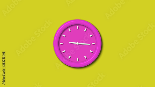New pink color 3d wall clock isolated on yellow background,12 hours 3d wall clock