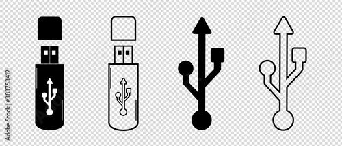 USB Flat Icon Set - Black Vector Illustrations - Isolated On Trsnaparent Background