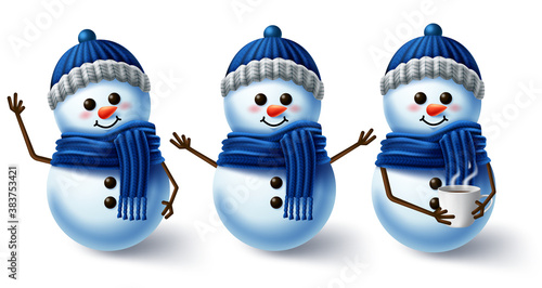 Winter character vector set. Winter snowman 3d characters wearing scarf and hat for winter season collection design isolated in white background. Vector illustration
