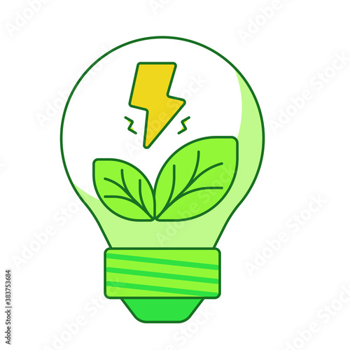 Renewable energy concept lightning leaf in bulb lamp white isolated background with green theme flat outline style